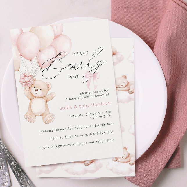 Convites Mal Podemos Esperar Urso de Pelúcia Menina Chã de  (Bearly Wait Teddy Bear Girl Baby Shower Invitation)