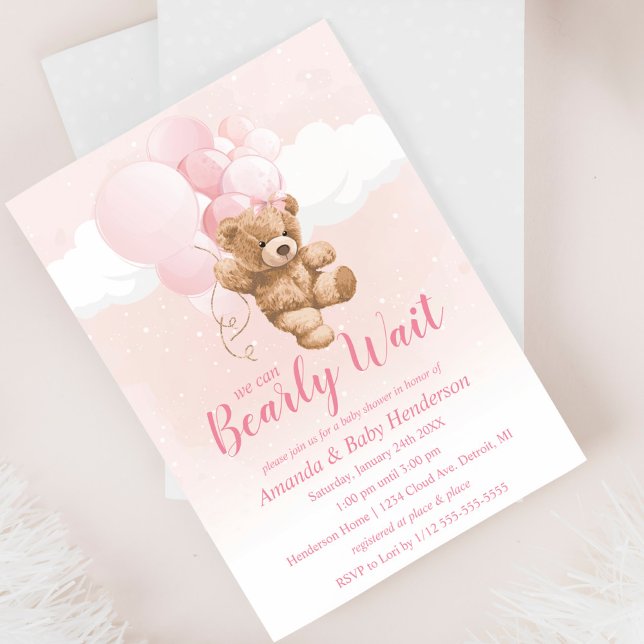 Convites Mal podemos esperar Urso de pelúcia Rosa Baby Show (Criador carregado)