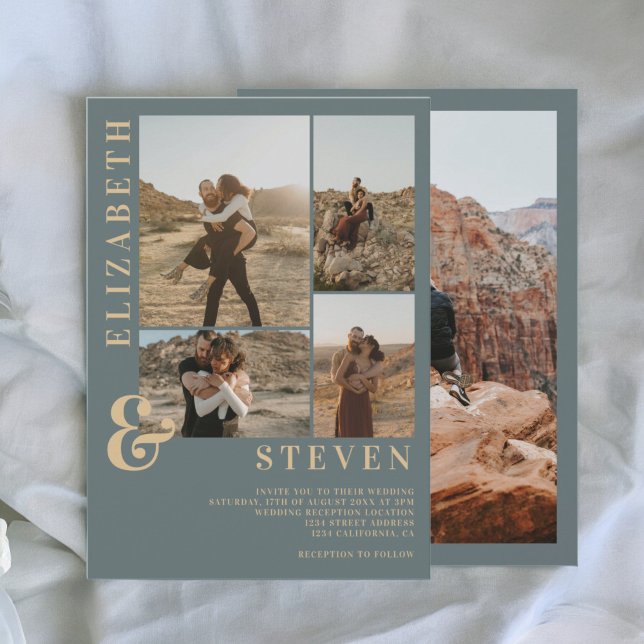 Convites Mala azul empoeirada moderna e casamento fotográfi (Modern dusty blue ampersand 5 photo grid wedding invitation)