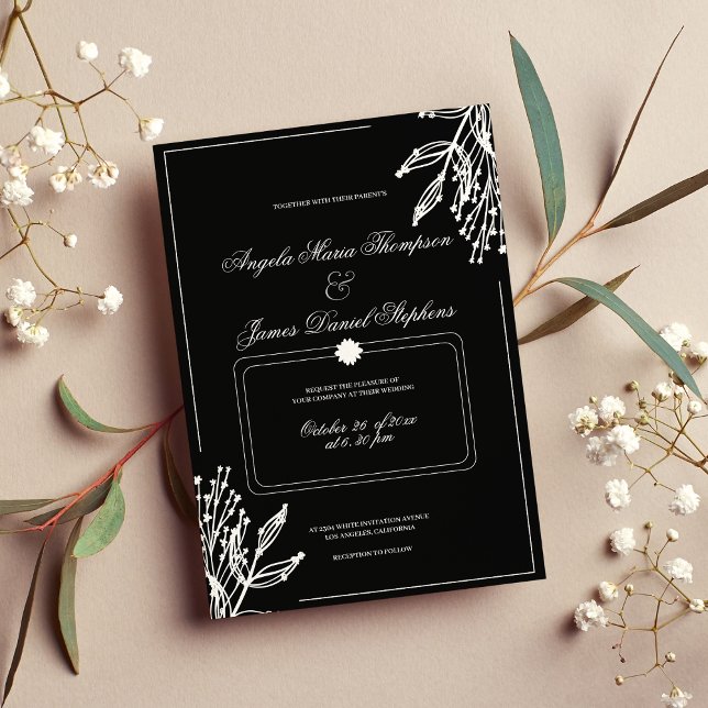 Convites Mala floral geométrica branca escura minimalista (Minimalist geometric black white floral weddding invitation )