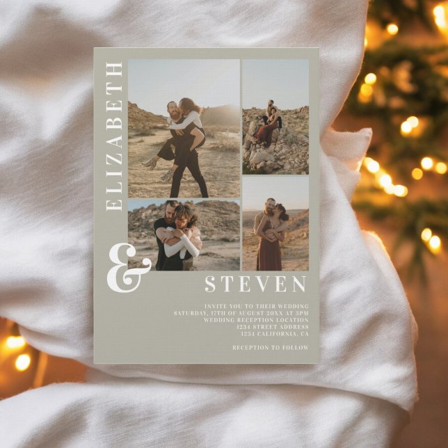 Convites Mala verde moderna e casamento fotográfico 5 (Modern sage green ampersand 5 photo grid wedding invitation)