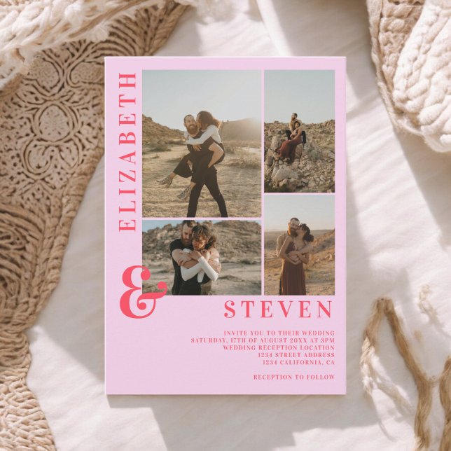 Convites Mala vermelha rosa moderna e casamento fotográfico (Modern pink red ampersand 5 photo grid wedding invitation)