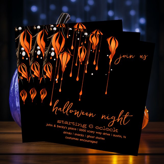 Convites Malandro Laranja e Pintura Negra (Enchanted spooky evening in orange and black Halloween night party invitation you customize. )