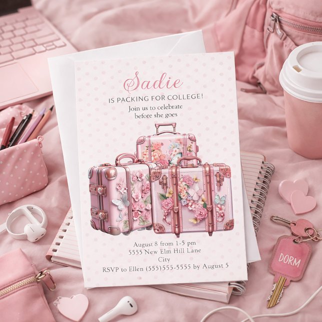 Convites Malas Vintage Lindas Mala Rosa de Faculdade Festa (Pink suitcases trunk party/dorm party invitation)
