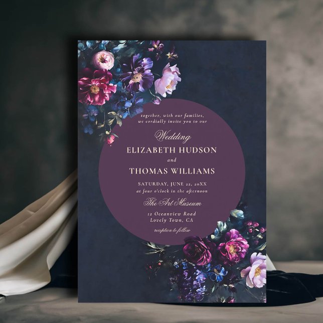Convites Maldição Romântica Escura Florais Jewel Casamento  (dark moody romantic wedding invitation gothic florals jewel tones mauve classy romance modern classy)