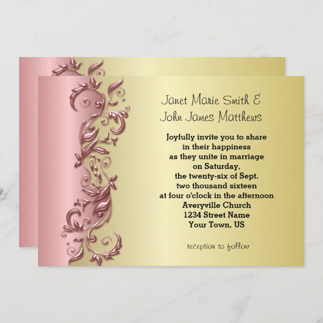Convites Maldição Rosa Elegante e Casamento Florid Dourado (Frente/Verso)