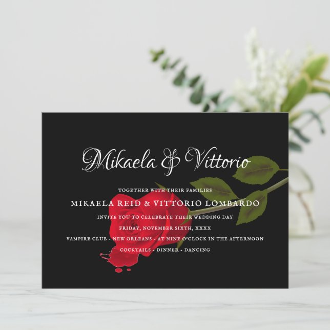 Convites Maldito casamento Gótico Negro Rosa Elegante (Em pé/Frente)
