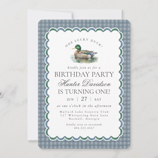 Convites Mallard Duck Hunting Blue Gingham First Birthday (Frente)
