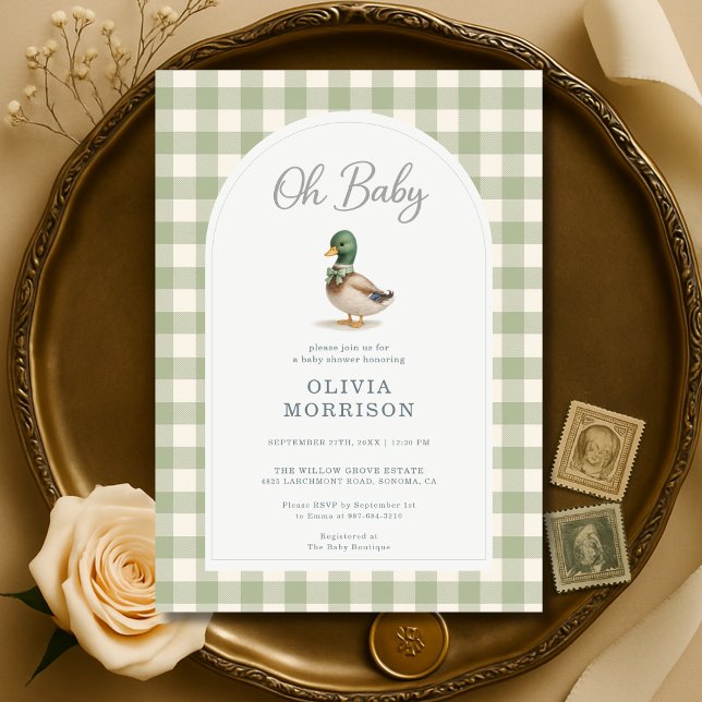 Convites Mallard Duck Sage Green Gingham Baby Shower (Criador carregado)