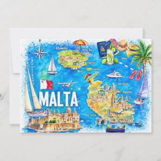 Convites Malta Mapa de Viagem da Ilha Ilustrado Postcard
