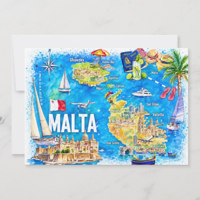 Convites Malta Mapa de Viagem da Ilha Ilustrado Postcard (Frente)