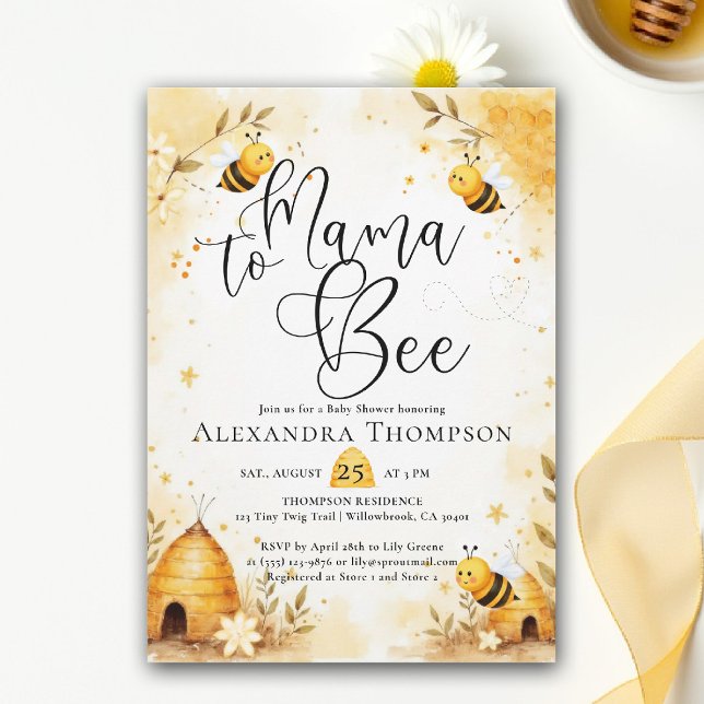 Convites Mama Bee Summer Hive Bumblebee Script Baby Shower (mama to bee baby shower theme invitation spring summer little honey watercolor elegant bumblebee)