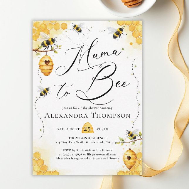 Convites Mama Bee Verão Aquarela Chamada de Festa de Bebê E (mom to bee baby shower theme invitation spring summer little honey watercolor elegant)