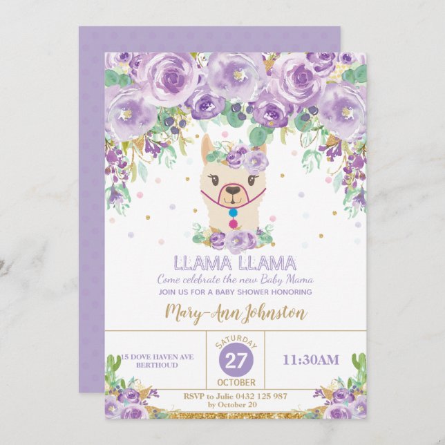 Convites Mama floral roxo lunático chá de fraldas do lama (Frente/Verso)