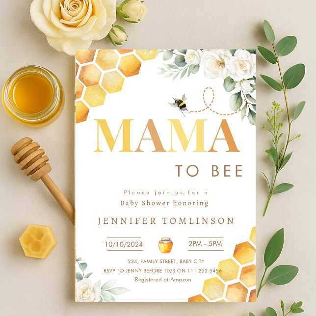 Convites Mama para Bee Chá de fraldas Honeybee Floral Water (Mama to Bee Baby Shower Honeybee Floral Watercolor Invitation)