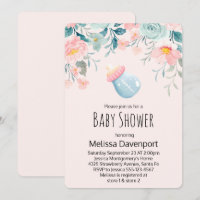 Mamadeira Azul e Rosa com Flores para Chá de Bebê