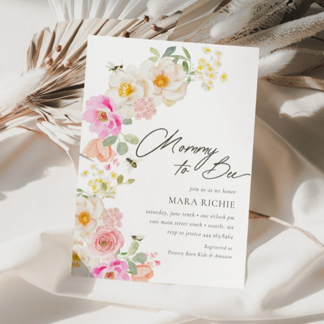 Convites Mamãe a abelha | Chá de fraldas de Aquarela Floral (Criador carregado)