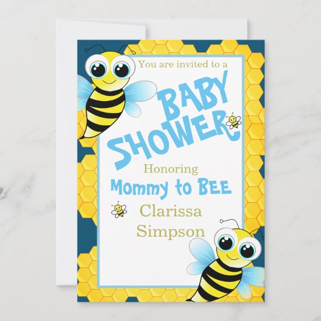 Convites Mamãe Amarelo Azul, Dourado, Cuta Para Chá de fral (Frente)