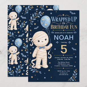 Convites Mamãe Bonito Menino 5º Aniversário Azul Dourado