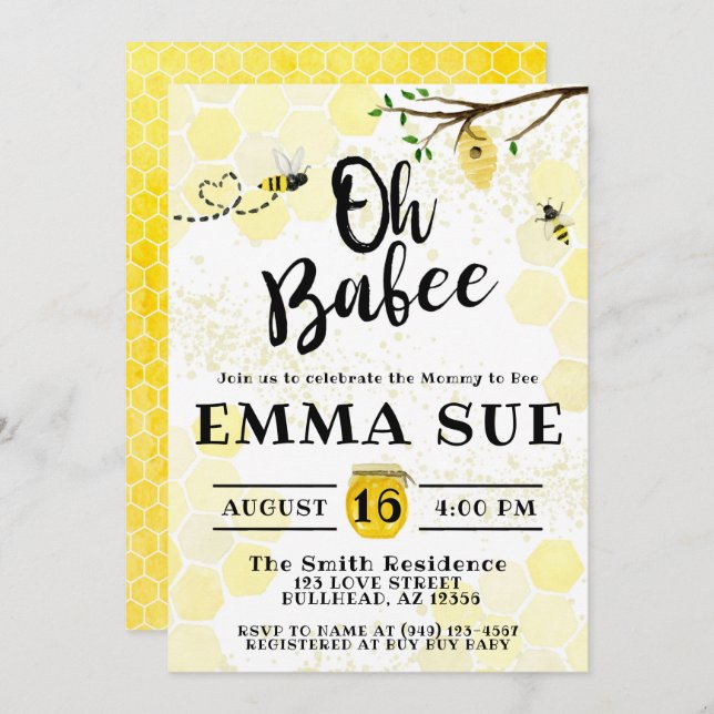 Convites Mamãe de Abelhas de Mel para Chá de fraldas de Abe (Frente/Verso)