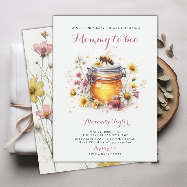Convites Mamãe de flores silvestres para o Chá de Bebê (mommy to bee baby girl shower invitation watercolor illustration cute adorable whimsical wildflowers)