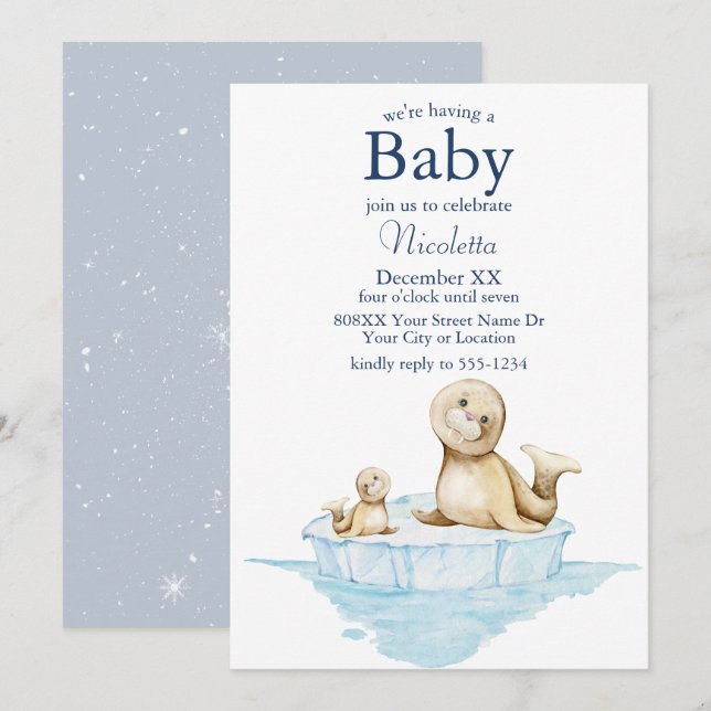 Convites Mamãe e Baby Seal Pup em gelo (Frente/Verso)