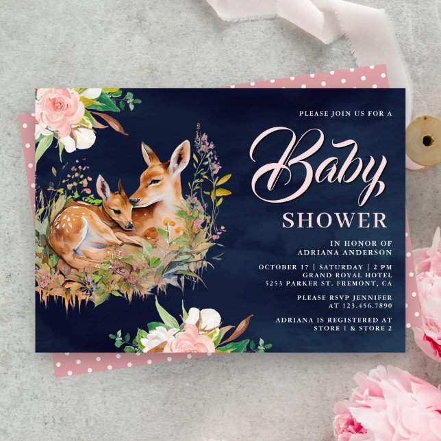Convites Mamãe e Bebê Veado Floral Azul Marinho Chá de Bebê (Criador carregado)