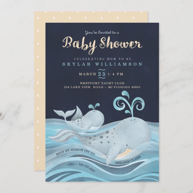 Convites Mamãe e Chá de fraldas náutico de baleia-bebê (Frente/Verso)