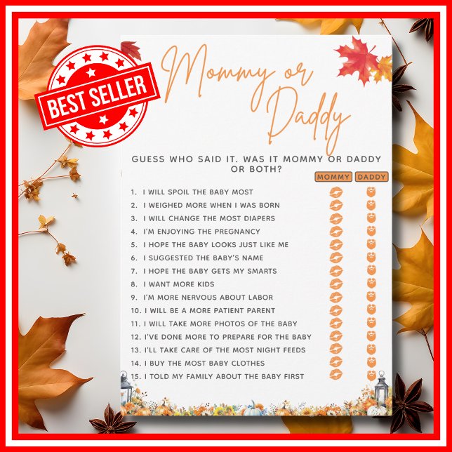 Convites MAMÃE Ou Jogo Do Chá de fraldas Um Pouco De Abóbor (MOMMY OR DADDY Baby Shower Game with Answers A Little Pumpkin is on the Way Theme )