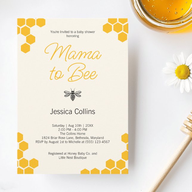Convites Mamãe para a Bee Modern Honeycomb Bumblebee Chá de (Mama to Bee Gender Neutral Cute Yellow Honeycomb Invitation)