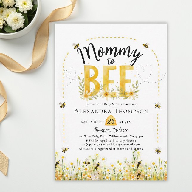 Convites Mamãe para Abelha Flores Silvestres Arco Floral Ch (bee baby shower theme invitation spring summer mommy wildflowers little honey watercolor floral)