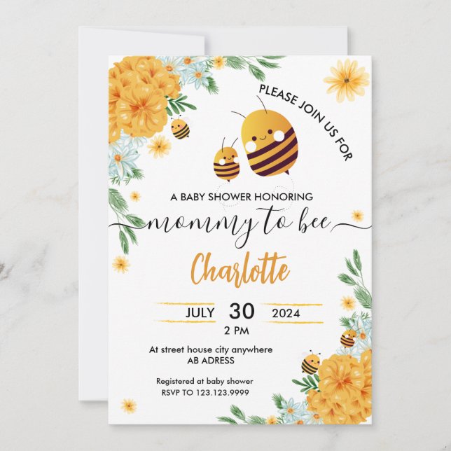 Convites Mamãe para Chá de fraldas de Abelha Aquarela Flora (Frente)