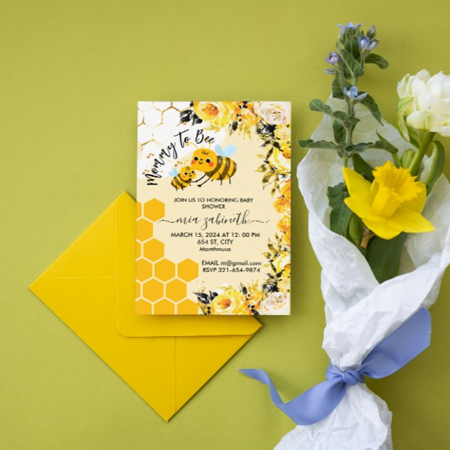 Convites Mamãe para o Chá de fraldas das Flores de Bebê (watercolor Mommy to Bee Honeycomb Flowers Baby shower honey bees theme spring summer for her girl)