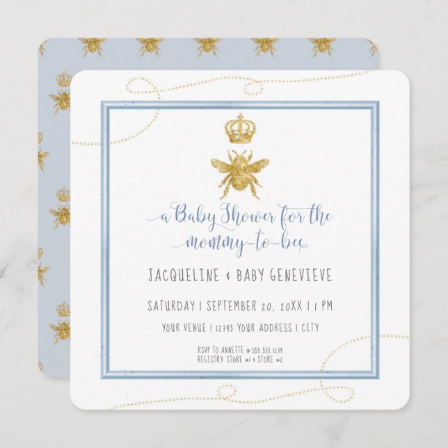 Convites Mamãe para o Chá de fraldas de Bebê Dourado Glitte (Frente/Verso)