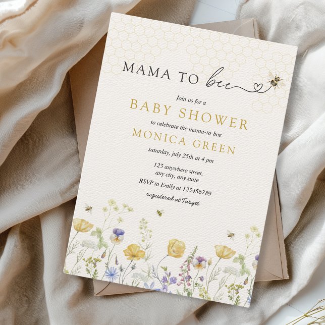Convites Mamãe para o Chá de fraldas de Jardim Russo de Flo (Mama to bee Baby Shower Wildflowers Spring Summer Garden Aesthetic Gender Neutral Minimalist Boho)