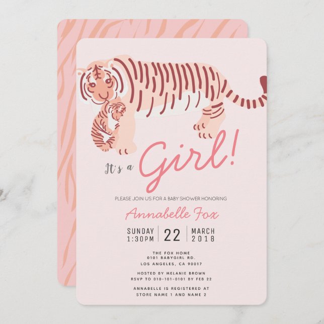 Convites Mamãe Tiger e Cub Pink Girl Chá de fraldas (Frente/Verso)