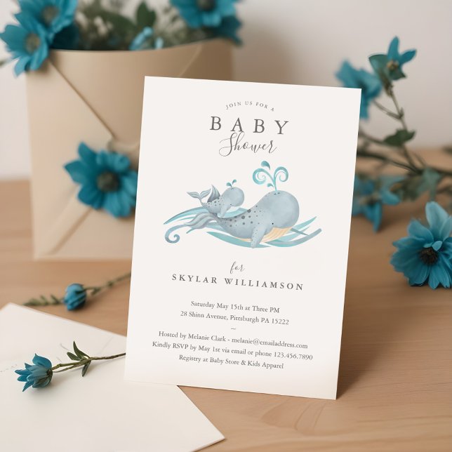 Convites Mamães brancas e Chá de fraldas de baleia (Cute Whimsical Mommy & Baby Whale Baby Shower Invitation)