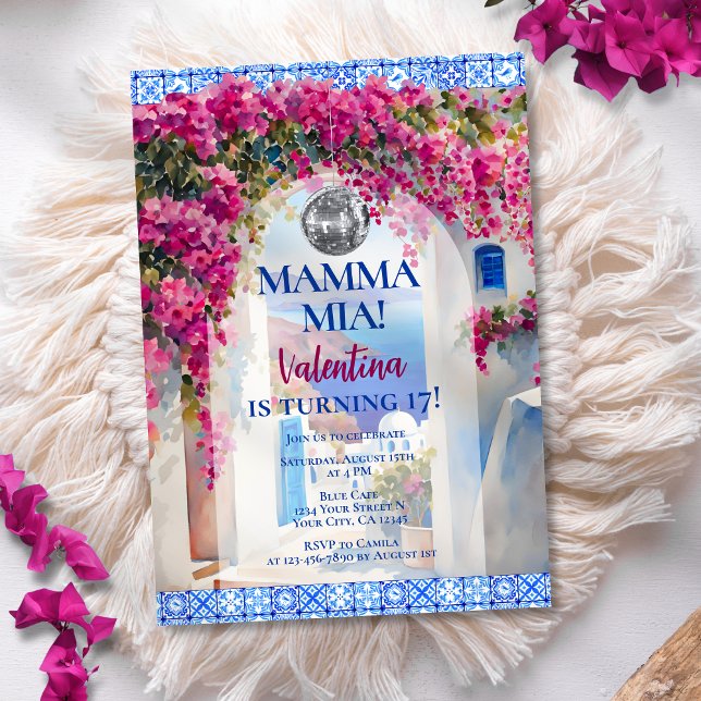 Convites Mamma Mia Greek Island Pink Flowers Disco Birthday (Criador carregado)
