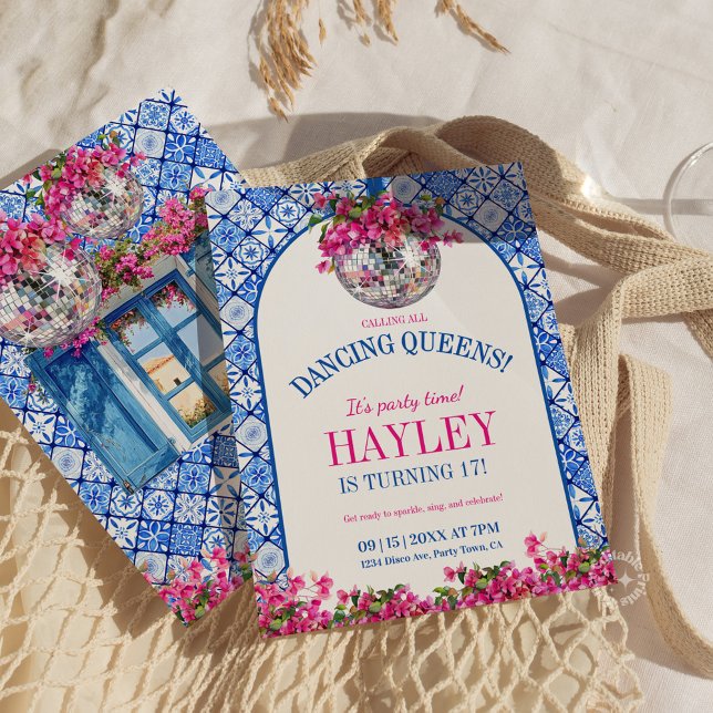 Convites Mamma Mia Mediterranean Dancing Queen Birthday (Mamma Mia Mediterranean Dancing Queen 17 Birthday Invitation)