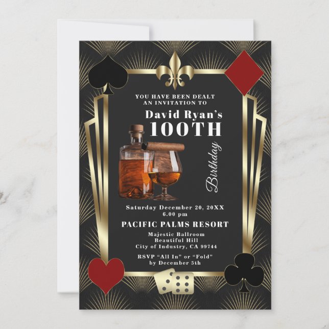 Convites Man Casino Cognac And Cigar 100th Birthday Party  (Frente)