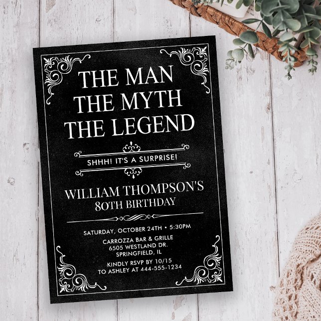 Convites Man Myth Legend Black Surprise 80 Aniversário (Criador carregado)