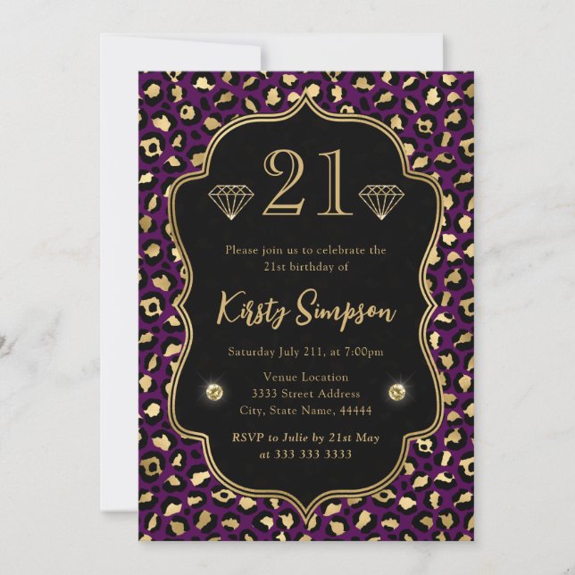 Convites Manchas de leopardo roxo e dourado Aniversário de  (Frente)