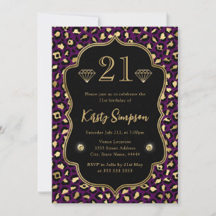 Convites Manchas de leopardo roxo e dourado Aniversário de