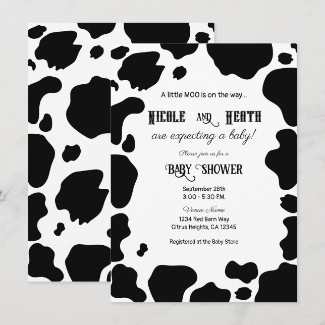 Convites Manchas de Vaca Moo Impressão Preto e Branco Chá d (Frente/Verso)
