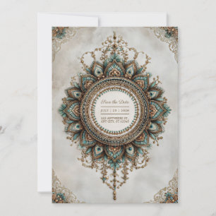 Convites Mandalá de Noiva Boho Elegante Pavão Dourado Azul 