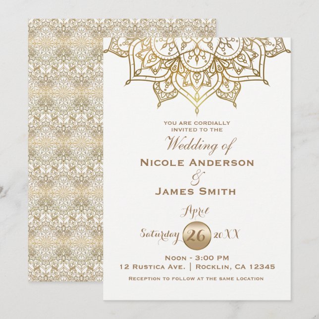 Convites Mandalá Dourado Branco Moderno Elegante Casamento  (Frente/Verso)