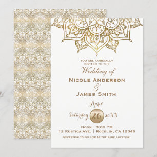Convites Mandalá Dourado Branco Moderno Elegante Casamento