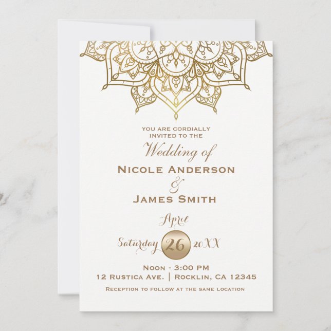 Convites Mandalá Dourado Branco Moderno Elegante Casamento  (Frente)