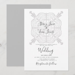 Convites Mandala Elegante Cinza Branco Desenhado à Mão