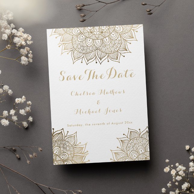 Convites Mandala floral de ouro branco elegante Salvar a Da (Elegant white gold floral mandala Save The Date Invitation )